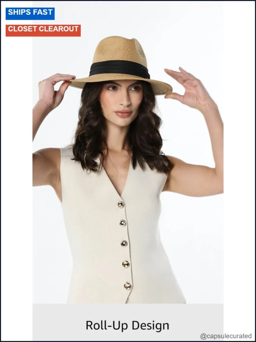 Women Straw Wide Brim Roll Up Sun Hat UPF50+ Packable Beach Fedora